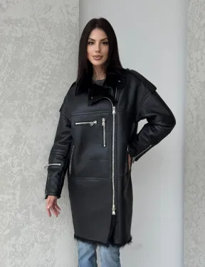 Удлиненная дубленка - авиатор из натуральной овчины с мехом тосканы