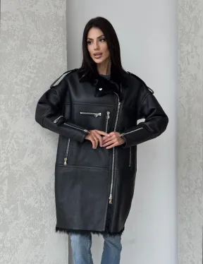 Удлиненная дубленка - авиатор из натуральной овчины с мехом тосканы