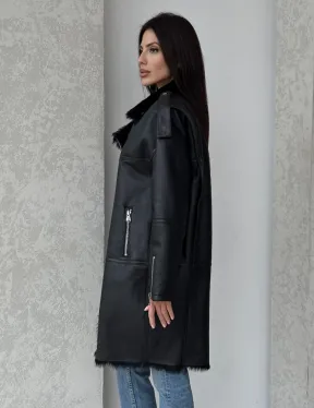 Удлиненная дубленка - авиатор из натуральной овчины с мехом тосканы