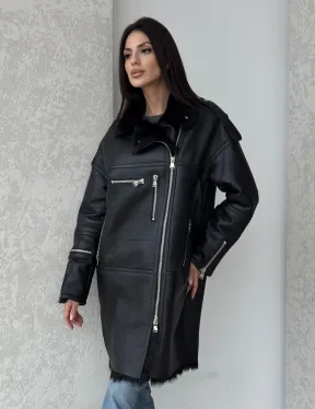 Удлиненная дубленка - авиатор из натуральной овчины с мехом тосканы