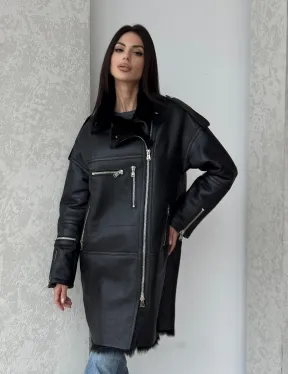 Удлиненная дубленка - авиатор из натуральной овчины с мехом тосканы