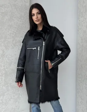 Удлиненная дубленка - авиатор из натуральной овчины с мехом тосканы