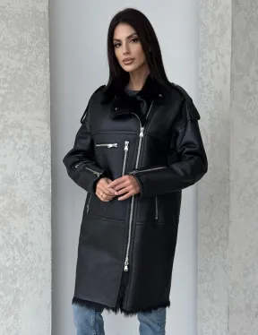 Удлиненная дубленка - авиатор из натуральной овчины с мехом тосканы