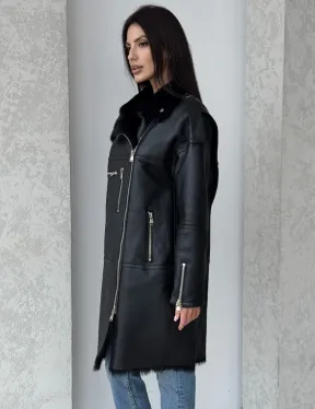 Удлиненная дубленка - авиатор из натуральной овчины с мехом тосканы