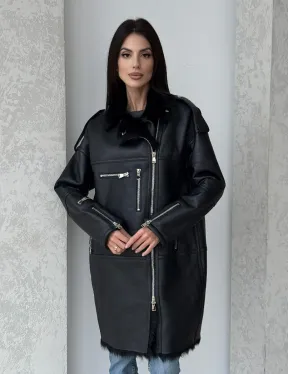 Удлиненная дубленка - авиатор из натуральной овчины с мехом тосканы