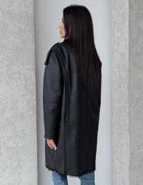 Удлиненная дубленка - авиатор из натуральной овчины с мехом тосканы