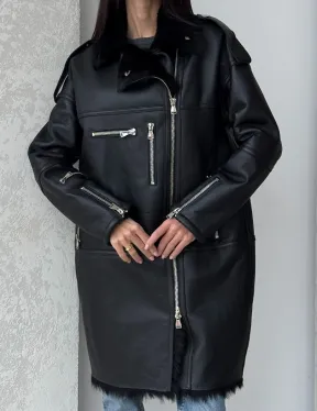 Удлиненная дубленка - авиатор из натуральной овчины с мехом тосканы