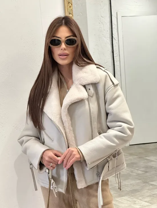 Дубленка-авиатор из натуральной овчины со шнуровкой