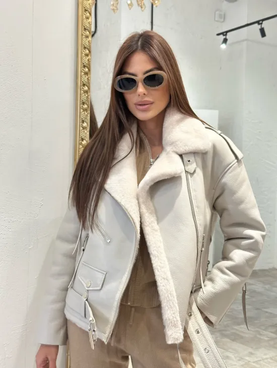 Дубленка-авиатор из натуральной овчины со шнуровкой