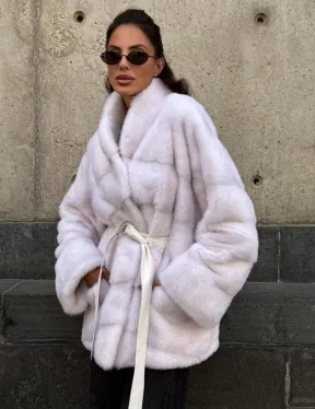 Короткая норковая шуба - цвет жемчуг