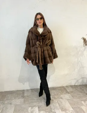 Пончо - шуба из плюшевой североамериканской норки цвет соболь