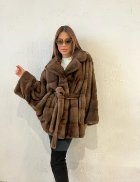 Пончо - шуба из плюшевой североамериканской норки цвет соболь