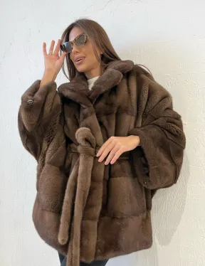 Пончо - шуба из плюшевой североамериканской норки цвет соболь