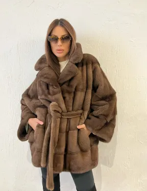 Пончо - шуба из плюшевой североамериканской норки цвет соболь