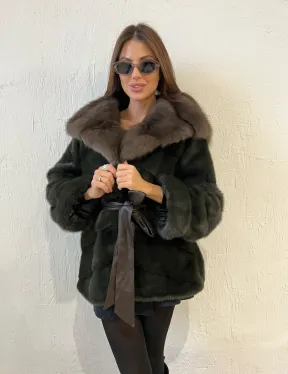 Норковое пончо шуба с капюшоном из меха куницы - цвет оливковый