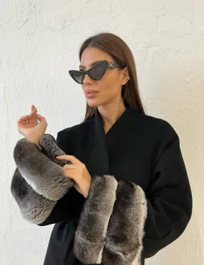 Пальто с мехом шиншиллы - цвет черный