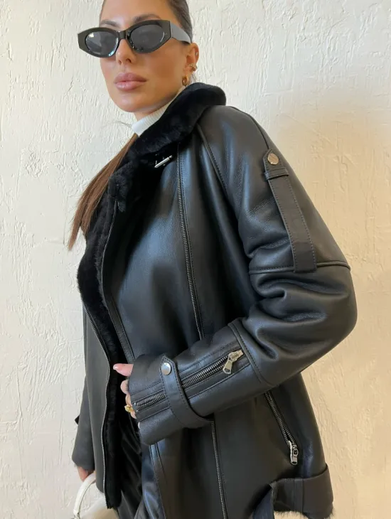 Дубленка авиатор в черном цвете из натуральной овчины