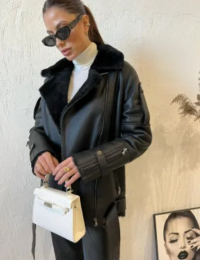 Дубленка авиатор в черном цвете из натуральной овчины