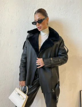 Дубленка авиатор в черном цвете из натуральной овчины