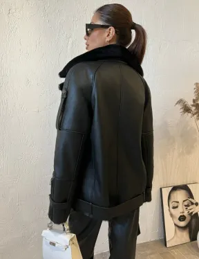 Дубленка авиатор в черном цвете из натуральной овчины