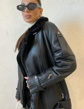 Дубленка авиатор в черном цвете из натуральной овчины