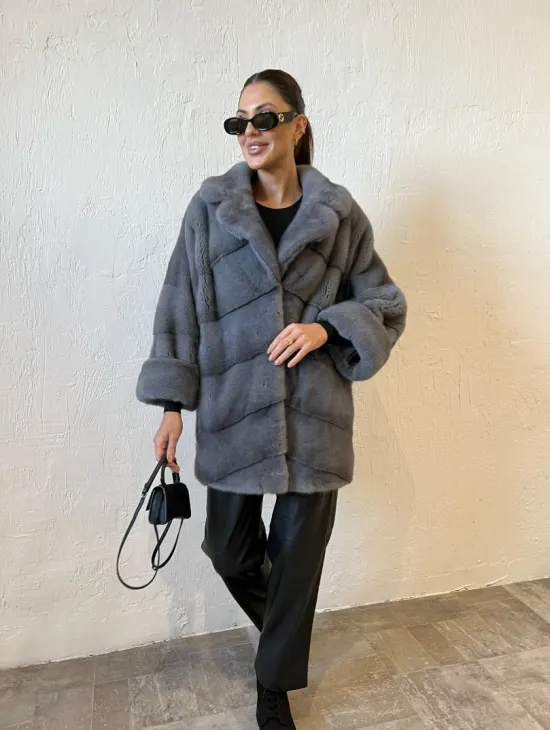 Серая короткая норковая шуба премиум качество