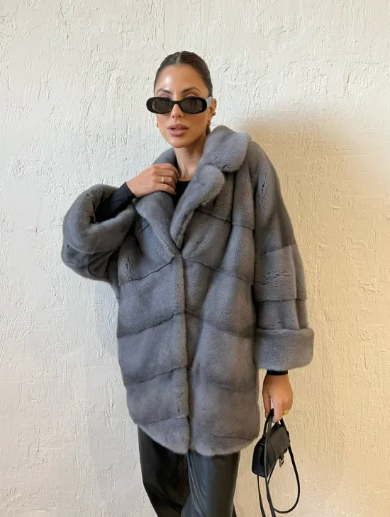 Серая короткая норковая шуба премиум качество