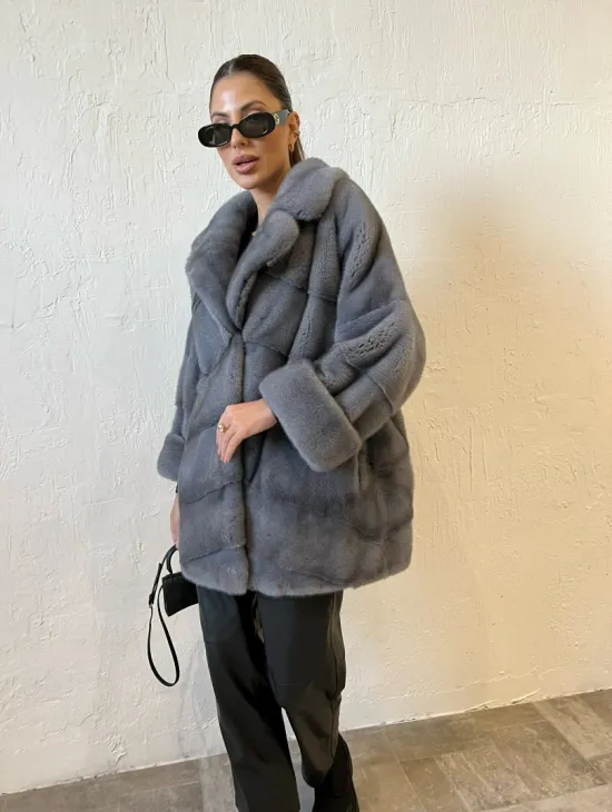 Серая короткая норковая шуба премиум качество