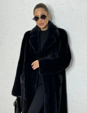 Шуба из плюшевой норки с английским воротником - цвет инфинити