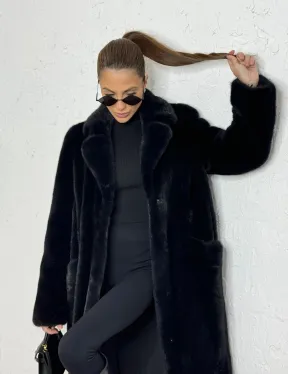 Шуба из плюшевой норки с английским воротником - цвет инфинити