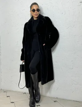 Шуба из плюшевой норки с английским воротником - цвет инфинити