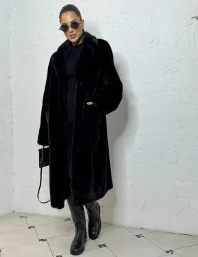 Шуба из плюшевой норки с английским воротником - цвет инфинити