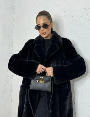 Шуба из плюшевой норки с английским воротником - цвет инфинити