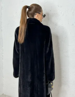 Шуба из плюшевой норки с английским воротником - цвет инфинити