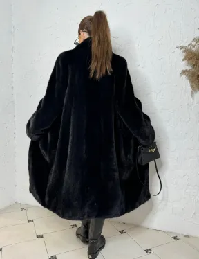 Шуба из плюшевой норки с английским воротником - цвет инфинити