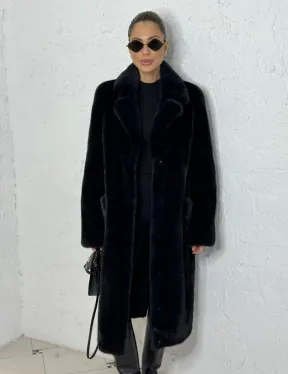 Шуба из плюшевой норки с английским воротником - цвет инфинити