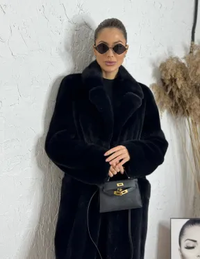 Шуба из плюшевой норки с английским воротником - цвет инфинити