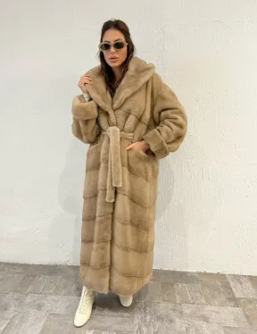 Удлиненная норковая шуба NAFA с капюшоном - цвет пастель