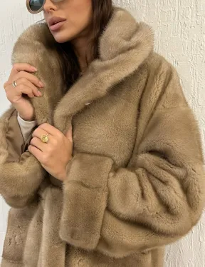 Удлиненная норковая шуба NAFA с капюшоном - цвет пастель