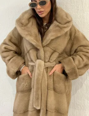 Удлиненная норковая шуба NAFA с капюшоном - цвет пастель