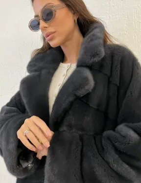 Шуба норковая с английским воротником - цвет графит