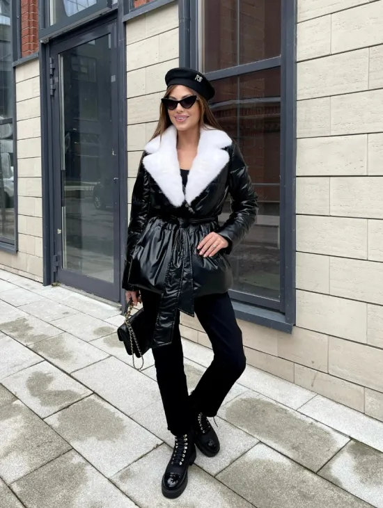 Пуховик с мехом белой норки в черном цвете