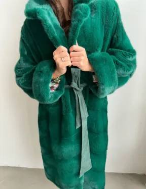 Норковая шуба с английским воротником - цвет изумруд