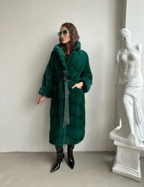 Норковая шуба с английским воротником - цвет изумруд