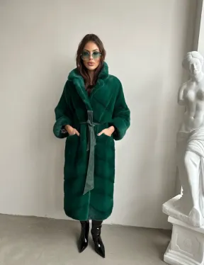 Норковая шуба с английским воротником - цвет изумруд