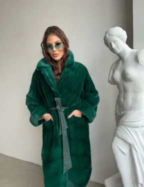 Норковая шуба с английским воротником - цвет изумруд