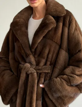 Шуба из плюшевой норки Velvet с английским воротником - цвет соболь