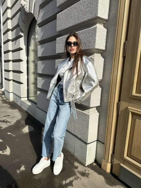 Куртка - косуха из натуральной кожи цвет серебристый