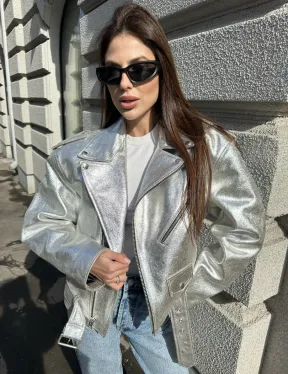 Куртка - косуха из натуральной кожи цвет серебристый
