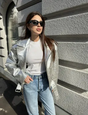 Куртка - косуха из натуральной кожи цвет серебристый